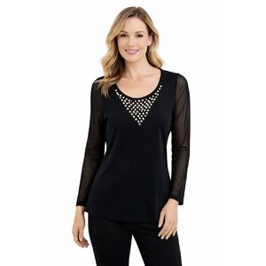 Simon Chang Studded Mesh Sleeve Top Women's Small Black Scoop Neck
